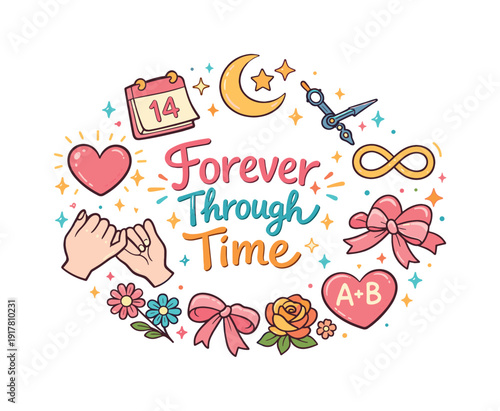 Forever Through Time. Hand drawn illustration of Forever Through Time. glowing heart,