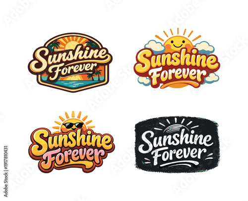 Sunshine forever. Set lettering. 4 harmonious lettering variations of the same emblematic