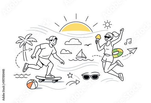 Clean summer backdrop. Minimal sun arc, subtle rays, and flowing lines suggesting heat and daylight. Fresh,