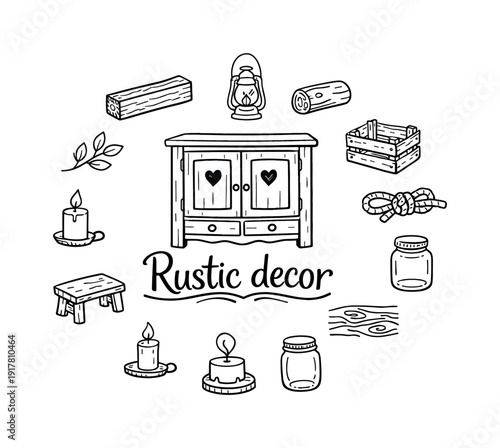 Rustic home decor. Hand-drawn doodle illustration of rustic home decor. In the middle, one slightly larger
