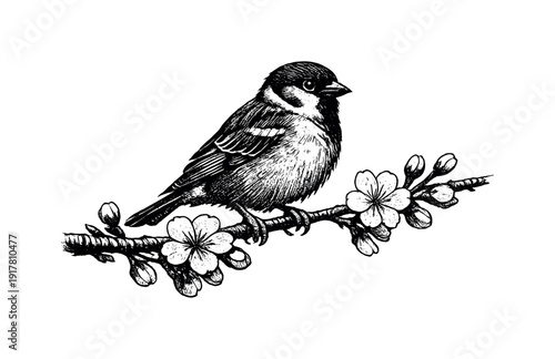 A sparrow standing on a thin cherry blossom twig slightly cropped by the frame edge, black and white halftone
