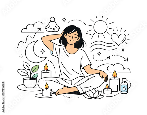 Wellness and calm routine. Person surrounded by candles, soft shapes and gentle light, body