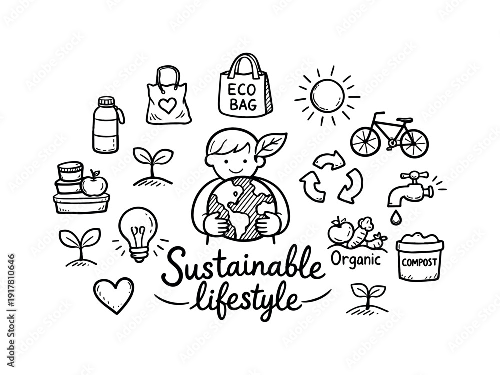 Fototapeta premium Sustainable lifestyle. Hand-drawn doodle illustration of Sustainable lifestyle. In the