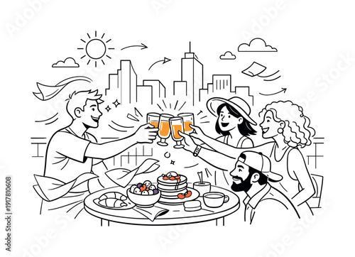 Rooftop Brunch Cheers. Rooftop Brunch Gathering. Friends clink glasses of orange juice on a sunny rooftop, a