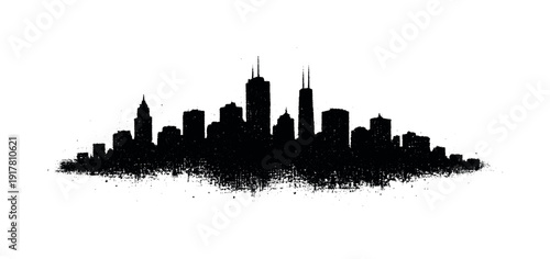 Abstract city skyline silhouette broken by noise and halftone texture, buildings merged into a continuous