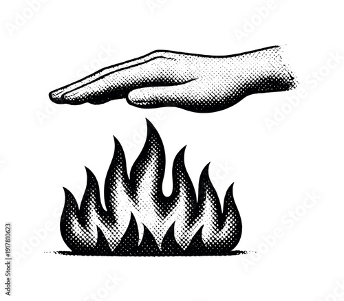 A human hand hovering just above a flame silhouette without reacting, calm and unaffected,
