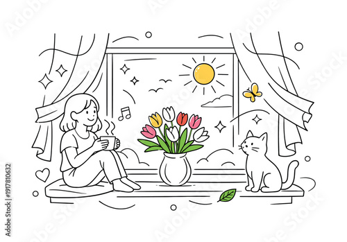 Spring window decor. Cozy room interior with a vase of colorful tulips on the windowsill, sunlight streaming