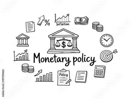 Monetary policy. Hand-drawn doodle illustration of Monetary policy. In the middle, one