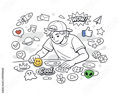 Creative sticker pack design. Designer arranging multiple sticker designs on table, icons, symbols, and labels
