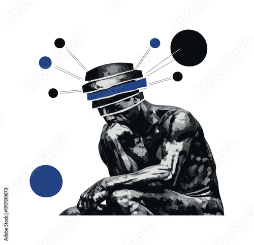 A modern graphic collage illustrating the thinker collage: a black-and-white human figure in