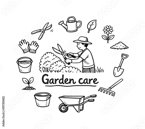 Garden maintenance. Hand-drawn doodle illustration of garden maintenance. In the middle, one slightly larger