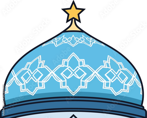 Intricate blue mosque dome with a golden star finial features delicate white geometric patterns, symbolizing Islamic art and heritage.