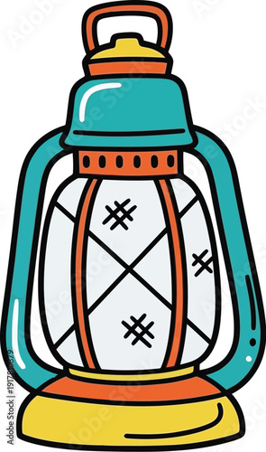 A brightly colored cartoon camping lantern with a turquoise top and yellow base stands isolated on a white surface.
