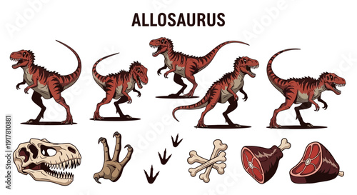 Cartoon illustration set featuring five Allosaurus poses skull claw tracks bones and meat cuts