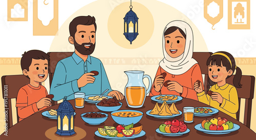 A happy Muslim family enjoys a festive meal together, sharing food and drinks around a table.