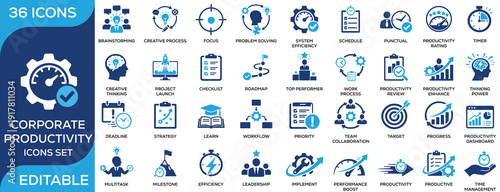 Corporate productivity solid icon set featuring efficiency, leadership, time management, workflow, milestones, and performance. Flat vector icons for business productivity projects.