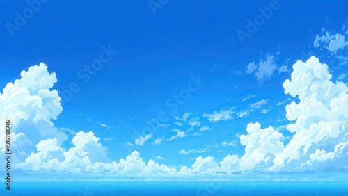 青空と海に広がる入道雲 夏の爽やか風景イラスト