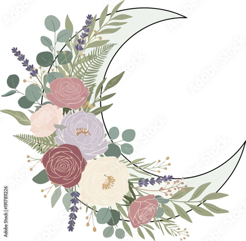 A delicate crescent moon shape is adorned with an arrangement of soft pink, cream, and lavender flowers mixed with green eucalyptus and fern leaves.