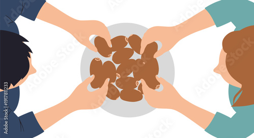 Four hands reach down from the top edge to share brown fried appetizers from a central white plate in a group meal setting.
