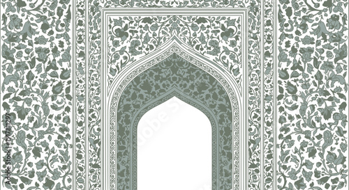 Ornate archway with detailed floral carvings in a monochromatic green and white decorative style.