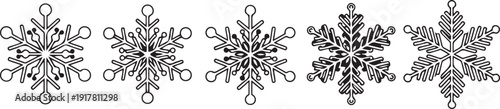 Five distinct black and white snowflake arranged horizontally on a white background winter cold