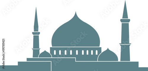 Stylized silhouette of a mosque with domes and minarets symbolizes religious architecture and prayer.