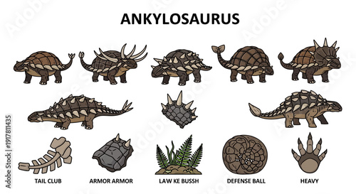 Illustration of various Ankylosaurus dinosaurs and their features