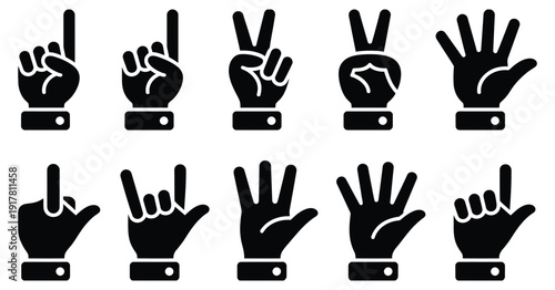Human hand gestures showing numbers one to five counting icons, modern vector illustrations numeric communication, education, learning aids, mathematics, sign language, classroom materials