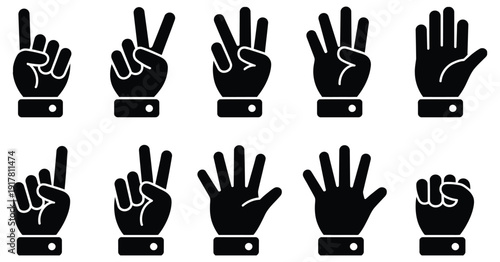 Human hand gestures showing numbers one to five counting icons, vector illustrations representing communication, learning, education, numerical concepts, sign language, counting practice, and digital 