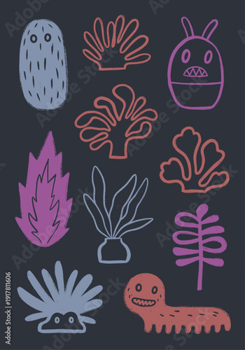 Playful hand-drawn vector graphic featuring a collection of cute, quirky monsters and abstract organic shapes in a textured, pastel crayon style