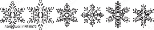 Six black and white snowflake with varying winter cold