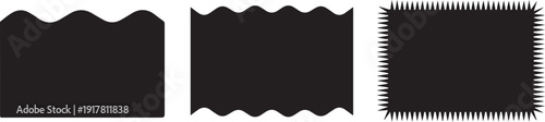 Three black shapes with decorative edges on white background wavy