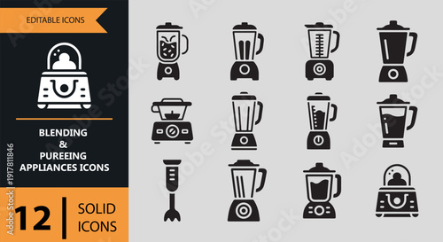 Solid Blending and Pureeing Kitchen Appliances Icons Collection
