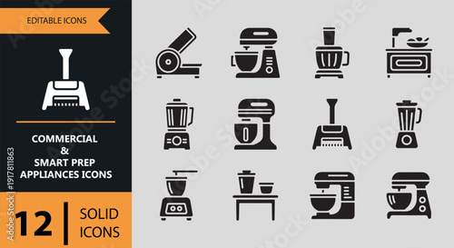 Solid Smart Commercial Food Preparation Appliances Icons Set