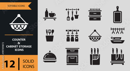 Solid Counter and Cabinet Kitchen Storage Icons Pack