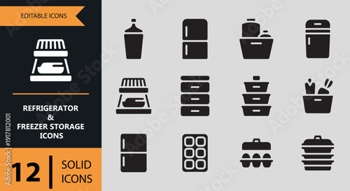 Solid Refrigerator and Freezer Storage System Icons Set