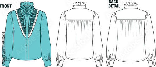 Fashion Flat Technical Drawing of Women Long Sleeve Blouse Featuring Ruffled High Neck Tie Front Detail and Lace Trimmed Bodice