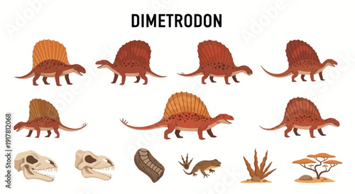 Vector illustrations of Dimetrodon depictions fossils and paleoenvironment elements on a white background