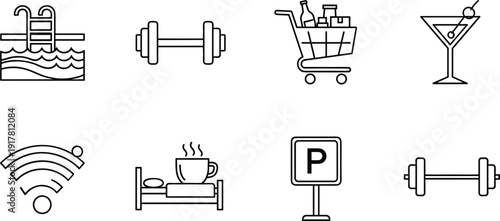 Lifestyle icon set with swimming dumbbell shopping cocktail wifi parking isolated on white background vector illustration