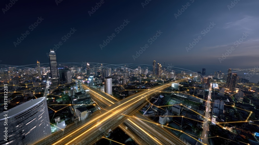 Fototapeta premium Aerial View of a Vibrant Cityscape at Night Showcasing Skyscrapers, Busy Roads, and Illuminated Urban Life with Light Trails Creating Dynamic Patterns