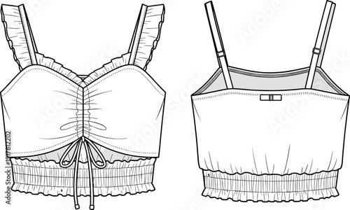 Fashion Flat Technical Drawing of Women Sleeveless Cropped Cami Top Featuring Ruched Bust Tie Front Detail and Smocked Hemline Vector