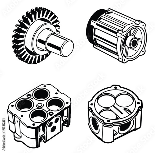 Engine Block Cylinder Head and Large Industrial Gear Technical Icons