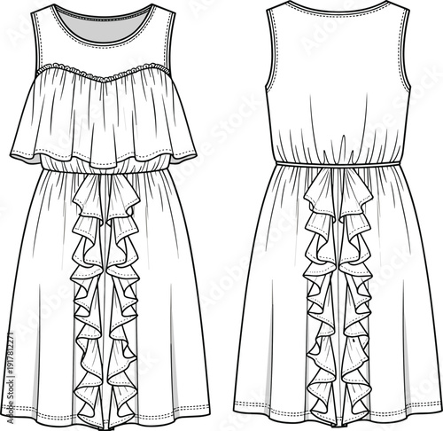 Fashion Flat Technical Drawing of Women Sleeveless Summer Mini Dress with Ruffled Overlay Bodice and Vertical Ruffles on Front Back