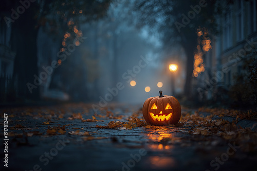 Glowing carved pumpkin lantern with spooky face sits on leaf covered cobblestone street at night, creating mysterious and eerie autumn atmosphere