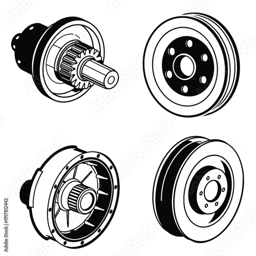 Industrial Mechanical Icons of Spline Shaft, Pulley Wheel, and Flywheel Components