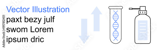 Genetics, laboratory research, scientific tools, biotechnology, DNA analysis, healthcare. A DNA helix within a test tube and a dropper bottle next to vertical arrows. Genetics and laboratory research