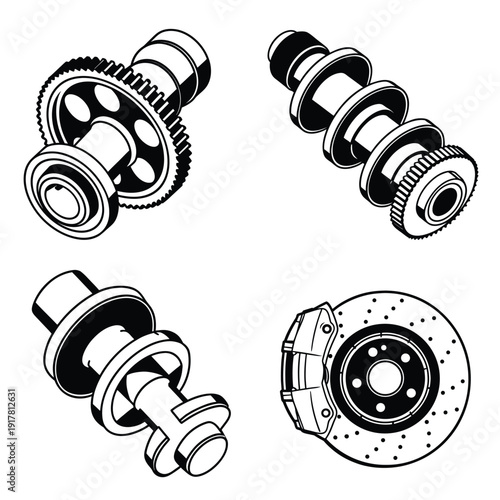 Mechanical Engineering Icons Set with Camshaft, Gears, and Disc Brake Assembly line art illustration