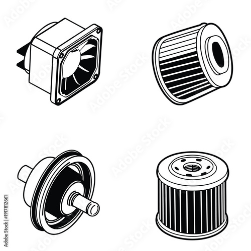 Automotive Filtration and Ventilation Components  line art illustration