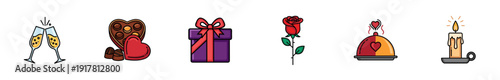 Set of colorful romantic date and celebration icons on white