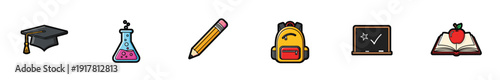 Set of colorful education and school icons on a white background